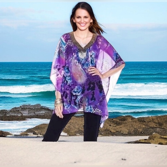 Joan Boyce Purple Printed Chiffon Tunic V-Neck w/Silver Beaded Trim Missy NWT$99 - Picture 9 of 13